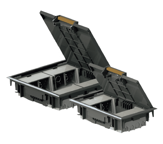 Boîte sol pour mécanismes 45*45 - Gris Clair 45*45. 4 modulen. Couvercle en acier inclus. Grijs r P 146 mm - L 250 mm - H 56 mm IP4X - IK06