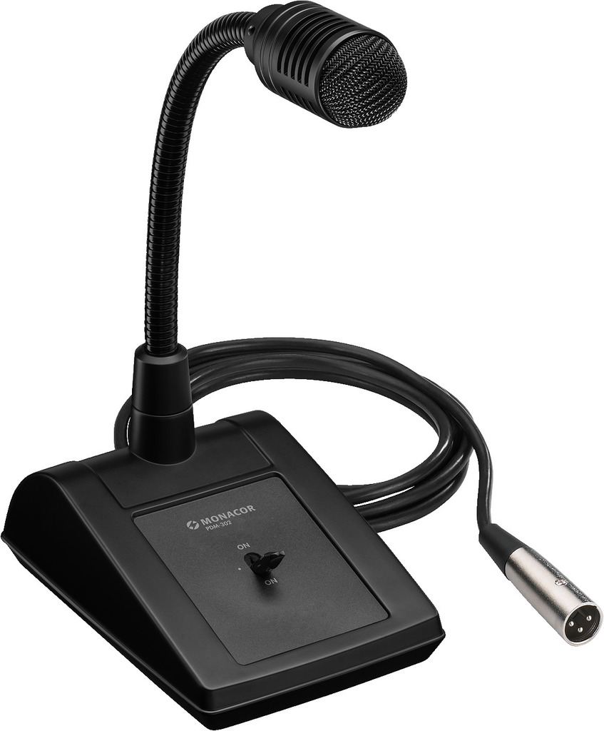 Tafelmicrofoon Monacor PDM-302 PA, met cygne-kleur. Dynamique, bouton poussoir, kabel van 5 m, prijs XLR.