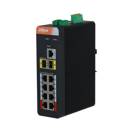 Commutateur industriële PoE beheerbaar (L2) PFS4210-8GT-DP met 8 poorten Gigabit + 2 poorten SFP Gigabit (anneau). Bescherming tegen de bron 6 kV. 48 V~57 V CC. Spoor DIN.