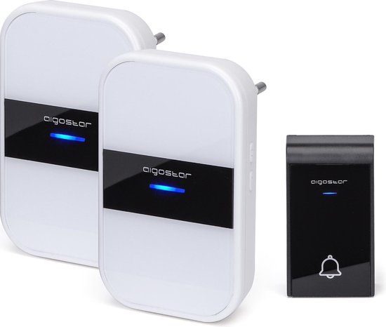Aigostar - Sonnette zonder fil et 2 recepteurs enfichables, 36 sonneries, 3 niveaux de volume, portée 150 m - IP44, zwart/blanc